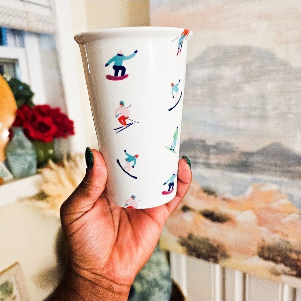 New 8 Oaklane Ski Motif Double Wall Ceramic Cup.